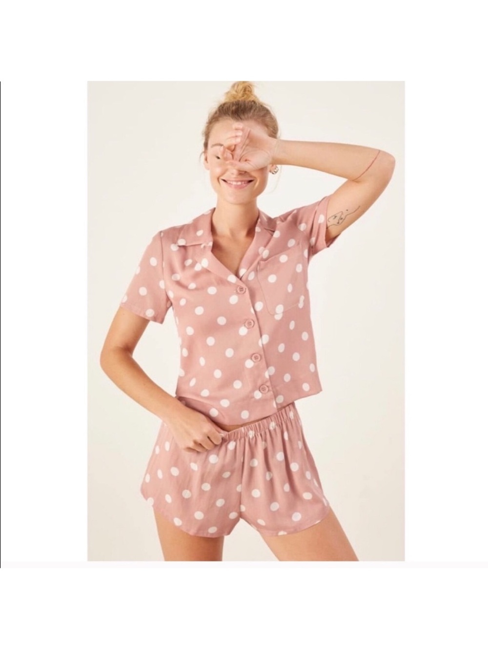 REFORMATION lucy polka dot pj pajama set short sleeve collared shirt and shorts